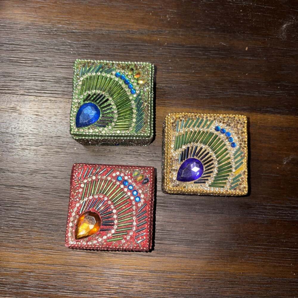 Hand Beaded Trinket Box Lot of 3 Art Deco Fan Rhinestone Jeweled Keepsake Boxes